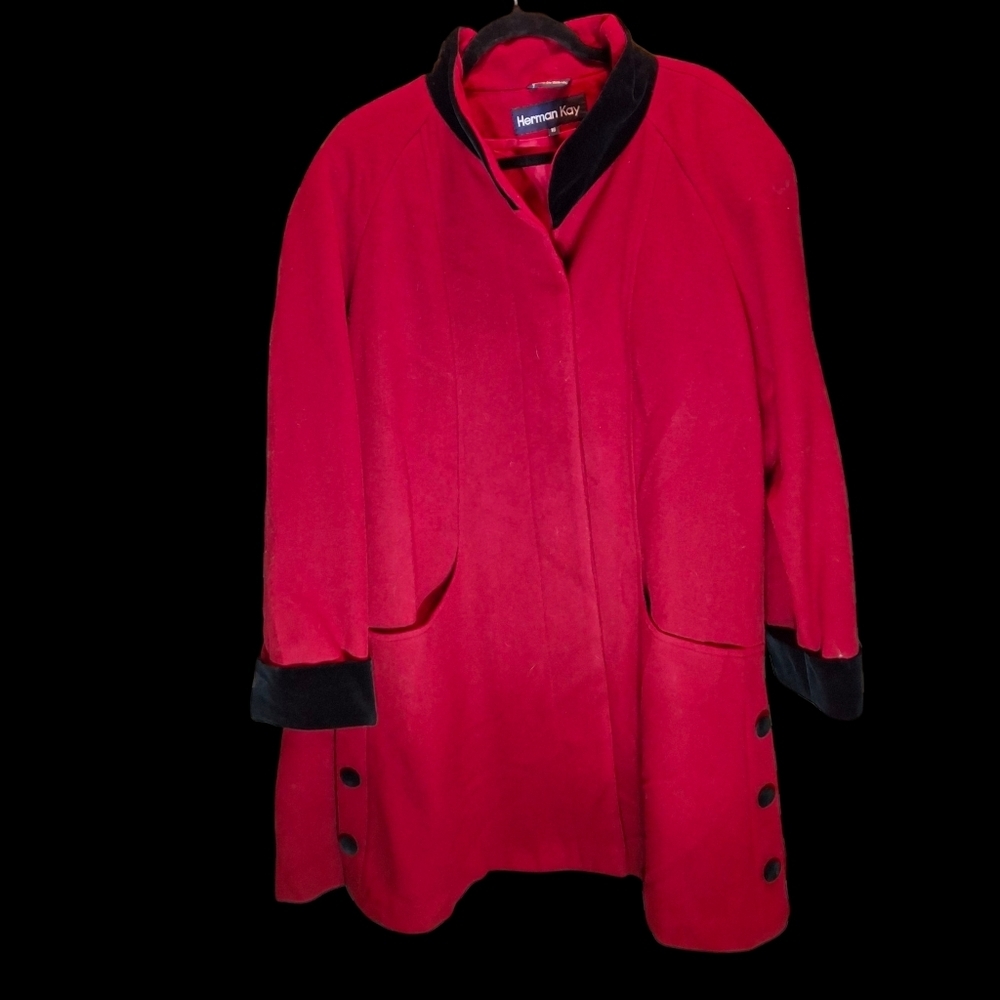 Herman Kay Red Wool and Black Velvet Trim Coat Vintage Women Size 16 - Picture 7 of 16